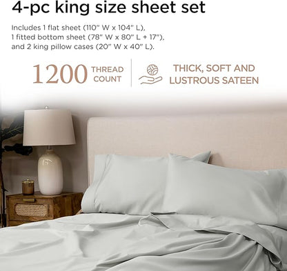 Threadmill Luxury Supima Cotton Sheets, 1200 Thread Count Soft 100% Cotton Sheets for King Size Bed, 4 Pc Light Grey King Bed Sheets Set, 5-Star Hotel Quality with Elasticized Deep Pocket King Sheet