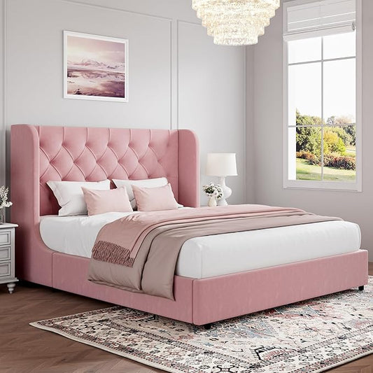 HOMBCK Pink Queen Bed Frame, Upholstered Platform Bed Frame with Velvet Tufted Headboard, Curved Wingback Design, Wooden Slats, No Box Spring, Noise Free, Easy Assembly