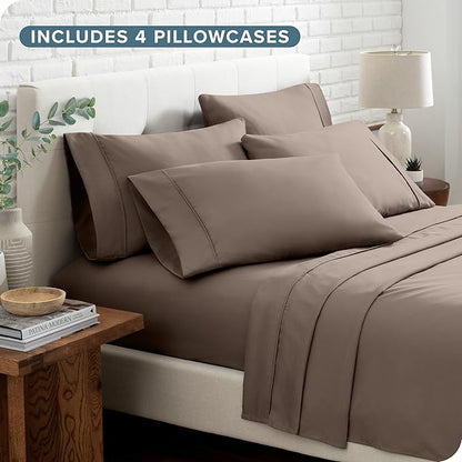 Bare Home Hotel Luxury Queen Sheet Set, Extra Soft - 6 Piece Set - Deep Pockets - Easy Fit - Cooling & Breathable - Wrinkle, Fade, Stain Resistant - Includes 4 Pillowcases (Queen, Taupe)