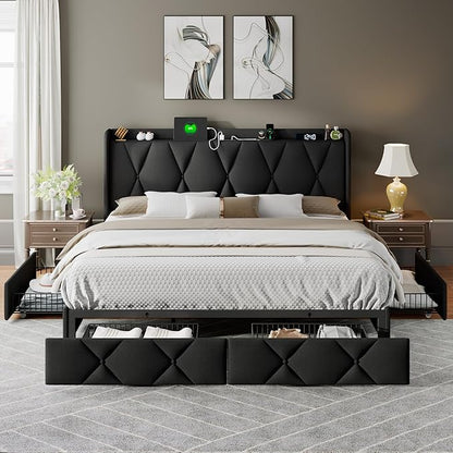 Feonase King Size Bed Frame with 4 Storage Drawers, Upholstered Platform Bed with Charging Station, Wingback Storage Headboard, Wooden Slats Support, No Box Spring Needed, Easy-Assembly, Black