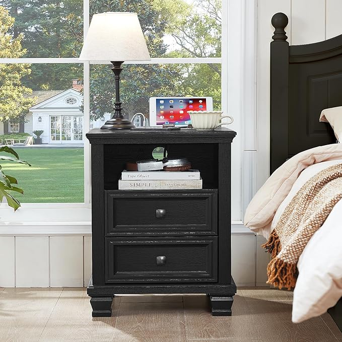 SAVOR LIFE Farmhouse Nightstand Set of 2 with Charging Station, Rustic Black Nightstand,2 Drawers End Table for Living Room,Bedside Table with Open Shelf for Bed Room,Black