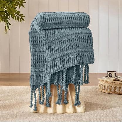 Boho Knitted Chenille Blanket with Tassels - Lightweight & Soft All-Season Throw - 3D Classic Pattern for Living Room Bedroom Couch, Celestial Blue, Twin 60"x80"