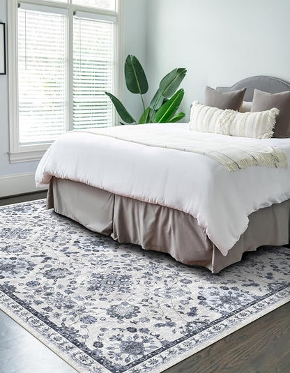 vivorug 4x6 Rug, Stain Resistant Washable Rug for Living Room, Floral Area Rug Vintage Inspired (Ivory/Blue, 4'x6')