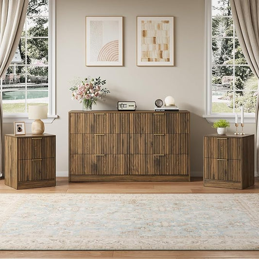 6 Drawer Dresser & Nightstand Set 3-Piece, 55” Wide Fluted Dresser and Night Stand Set of 2 with Metal Handle, Modern Wood Chest of Drawers Storage Dressers Set for Bedroom, Walnut