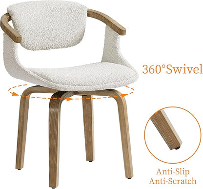 Art Leon Swivel Dining Chairs, Set of 2, Mid Century Modern Boucle Fabric Kitchen Dining Room Chair with Arms, Desk Chairs No Wheels, White