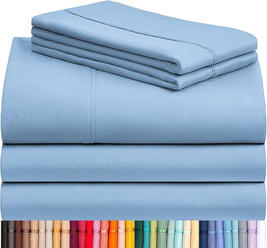 LuxClub 5 PC Split King Sheet Set, Deep Pockets Wrinkle Free Cooling Bed Sheets Hotel Bedding for Women, Men, Includes 2 Fitted Sheet, 1 Flat Sheet and 2 PillowcasesSoft Sky