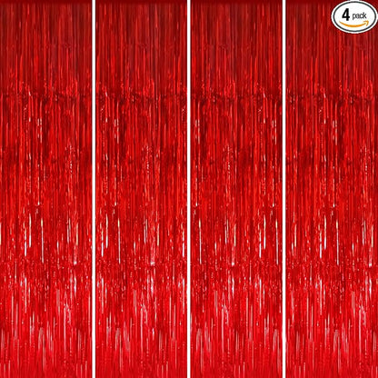 GOER 3.2 ft x 8.2 ft Metallic Tinsel Foil Fringe Curtains Party Photo Backdrop Party Streamers for Birthday,Graduation,New Year Eve Decorations Wedding Decor (4 Packs,Red)
