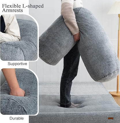 COMAX 4-in-1 Futon Sofa Bed, Queen Size Foldable Couch with L-Shaped Armrests, Convertible Sleeper Chair Bed, Comfortable Lounge Mattress for Living Room and Bedroom, Snow Grey