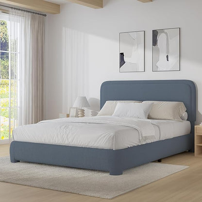 BarnFurin Queen Bed Frame with Headboard, Boucle Upholstered Platform Bed Frame, Luxurious Soft Rounded Corners, No Box Spring Required, Easy Assembly, Blue