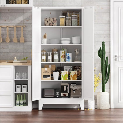 Farmhouse Pantry Cabinet,71" H x 31.5" W,Metal Cabinet with Adjustable Shelves and Barn Doors,5-Tier Storage Cabinet for Kitchen Dining Room Garage,White