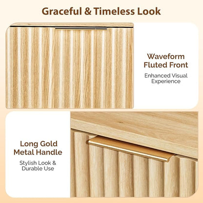 VINGLI Nightstands Set of 2, Fluted Night Stand with Drawer, Bedside Table, Wood Nightstand for Bedroom, Mid Century Modern End Tables, Natural Oak, 18.9" W*14.96" D*24" H