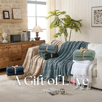Boho Knitted Chenille Blanket with Tassels - Lightweight & Soft All-Season Throw - 3D Classic Pattern for Living Room Bedroom Couch, Celestial Blue, Twin 60"x80"
