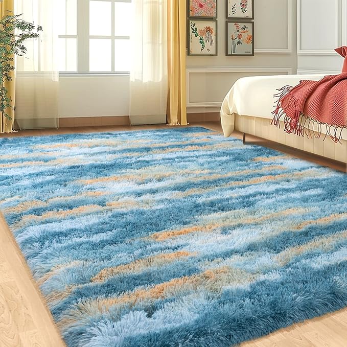 Fluffy Rugs for Living Room, 6x9 Feet Abstract Blue Large Shag Area Rugs for Bedroom, Non-Slip Indoor Modern Fuzzy Plush Floor Carpet for Dorm Nursery Kids Room Decor, Soft Shaggy Throw Rug