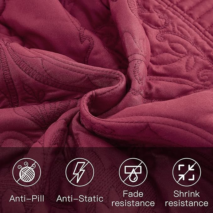 CHIXIN Bedspread Coverlet Set Queen Size - Lightweight Bedding Cover - Beautiful Stitching - 5 Piece Reversible Bedspread - Gorgeous Damask Paisley Pattern (Queen, Wine Red)
