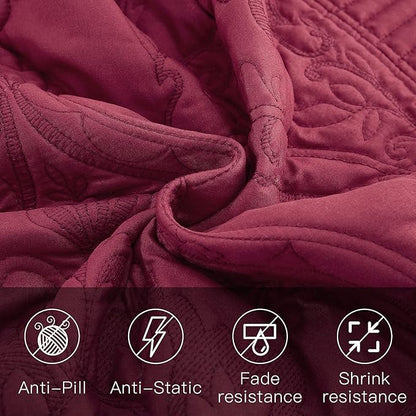 CHIXIN Bedspread Coverlet Set Queen Size - Lightweight Bedding Cover - Beautiful Stitching - 5 Piece Reversible Bedspread - Gorgeous Damask Paisley Pattern (Queen, Wine Red)