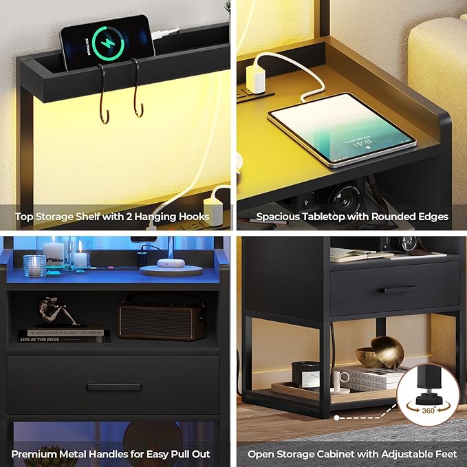VIAGDO Nightstand with Charging Station and LED Lights, Black Night Stand with Drawer, Modern End Side Table with Open Storage Shelves, Bedside Tables for Bedroom, Office