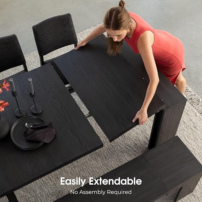 Transformer Table - Solid Wood Extendable Dining Table, Seats 2-12, Extendable Dining Room Table, Space-Saving Furniture, Expandable Dining Furniture (Black, Table + Bench)
