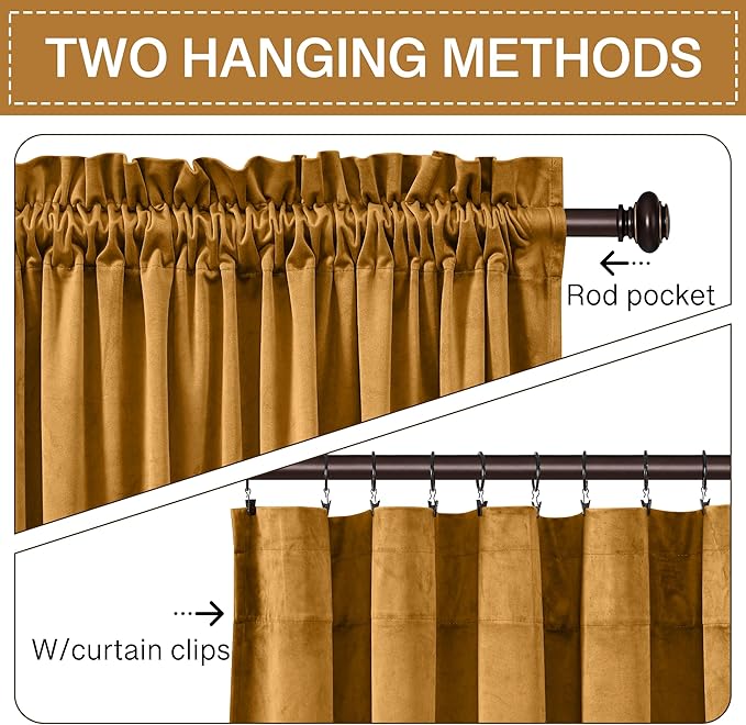 StangH Mustard Gold Velvet Fall Curtains - Stylish Thermal Insulated Drapes for Living Room, Soft Noise Reducing Curtains, Vibrant Home Decor, W52 x L102, 2 Panels
