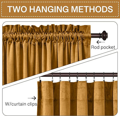 StangH Mustard Gold Velvet Fall Curtains - Stylish Thermal Insulated Drapes for Living Room, Soft Noise Reducing Curtains, Vibrant Home Decor, W52 x L102, 2 Panels