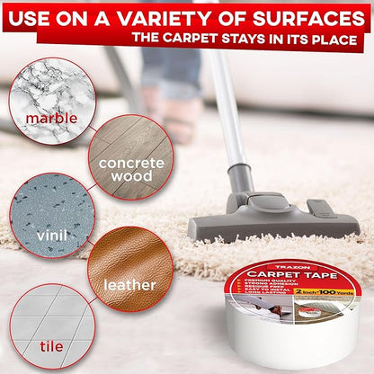Carpet Tape Double Sided - Rug Tape Grippers for Hardwood Floors and Area Rugs - Carpet Binding Tape Strong Adhesive and Removable, Heavy Duty Stickers Grip Tape, Residue Free (2 Inch / 100 Yards)