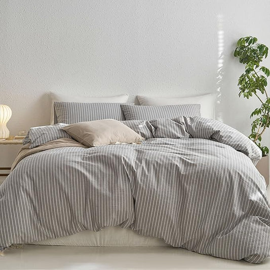 MooMee Striped Duvet Cover Set 100% Washed Cotton Linen Like Textured Breathable Durable Soft Comfy (Light Grey White Wide Stripes, Oversized King Plus 128"x120")