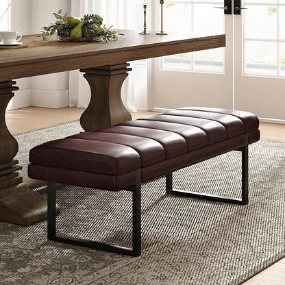 HULALA HOME 53" Faux Leather Entryway Bench, Button Tufted End of Bed Bench Ottoman for Bedroom, Living Room with Metal Base,Brown