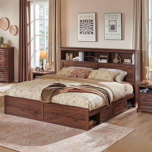 ACCOHOHO Farmhouse King Size Bed Frame with 52" High Storage Bookcase Headboard and 4 Drawers,Wooden Bed Frame with LED Light and Charging Station,Brown