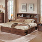 ACCOHOHO Farmhouse King Size Bed Frame with 52" High Storage Bookcase Headboard and 4 Drawers,Wooden Bed Frame with LED Light and Charging Station,Brown