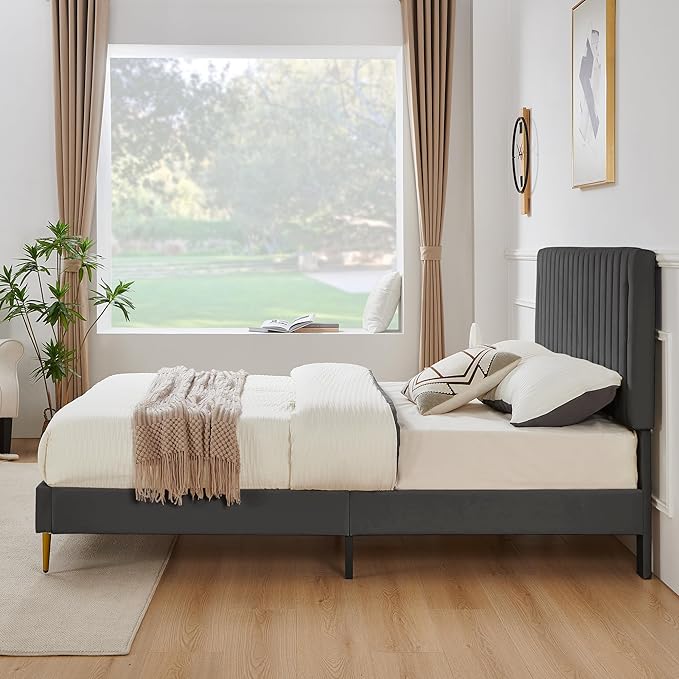 King Platform Bed Frame, Velvet Upholstered Bedframe with Vertical Channel Adjustable Headboard, Golden Plating Trim, Mattress Foundation with Wooden Slats, No Box Spring Needed, Grey