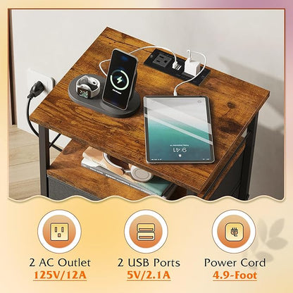 WLIVE Nightstands Set of 2, Night Stand Set 2 with Charging Station, Bedside Tables for Bedroom, Side Table with 2 Fabric Drawers, Small Dresser, USB Ports and Outlets, Black and Rustic Brown