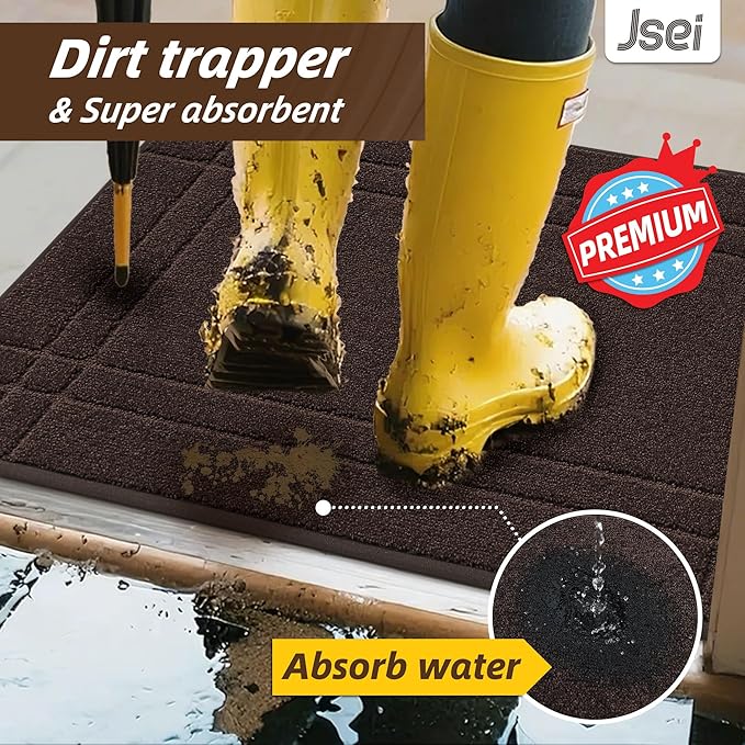 JSEI Entryway Rugs Doormat 24"x36", Non-Slip Dirt Trapper Door Mats Indoor, Washable Absorbent and Stain Resist Welcome Floor Mat for Front Door, Dog Door Mat, Muddy Wet Shoes & Paws, Brown