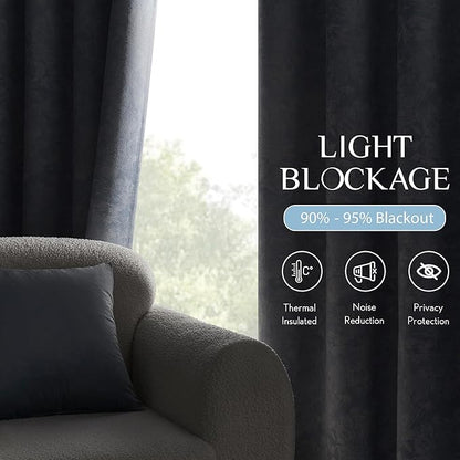 Beauoop Blue Floral Jacquard Blackout Curtains 108 Inches Long 2 Panels for Bedroom Living Room Chenille Flower Room Darkening Thermal Insulated Soundproof Grommet Window Treatments Drapes, 52x108