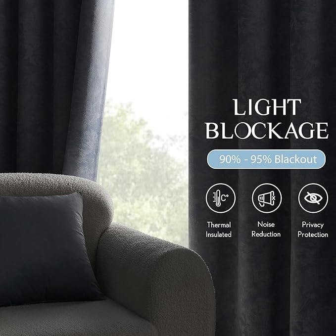 Beauoop Blue Floral Jacquard Blackout Curtains 90 Inches Long 2 Panels for Bedroom Living Room Chenille Flower Room Darkening Thermal Insulated Soundproof Grommet Window Treatments Drapes, 52x90