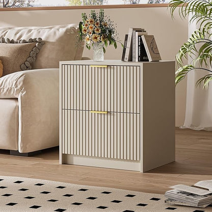 Set of 2 Fluted Nightstand with 2 Drawers, Modern Storage Bedside Table with Golden Metal Handles, Wooden End Table for Bedroom, Beige