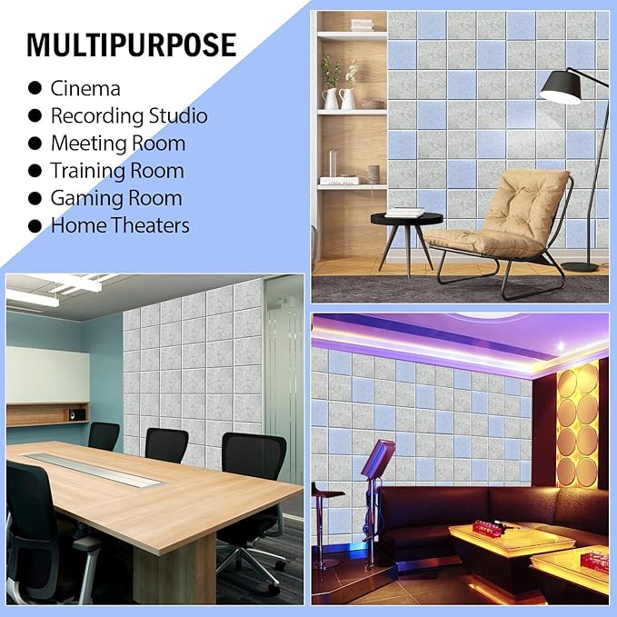 12 Pieces Square Sound Absorbing Panels Self-Adhesive, 12" X 12" X 0.4"High Density Acoustic Panel, Stylish Acoustical Wall Padding Used in Home & Offices(White)