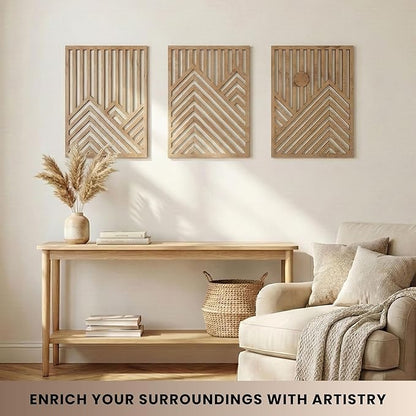 qmmp Modern Wooden Wall Sculptures - Set of 3 - Home Decor Accent - Large Wall Art for Living Room, Bedroom, Office - Easy Installation (Oak, Large - Mountain and Sun)
