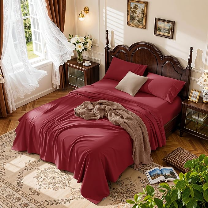 LBRO2M 1000 Thread Count 100% Egyptian Cotton Sheets Set Queen Size, 4 Piece Sets Bed Sheet Deep Pocket Sheet Set 16" Soft Comfortable All Season (Queen, Burgundy)