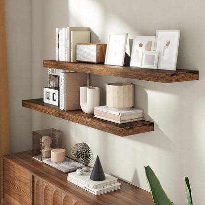 48 Inch Floating Shelves for Wall, 8 Inch Deep Floating Shelf for Storage & Display, Wall Mounted Shelf with Invisible Brackets for Living Room, Kitchen, Bathroom, Home Decor, Set of 2, Rustic Brown