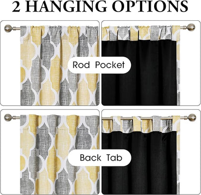Beauoop 100% Blackout Curtains 96 Inches Long 2 Panels for Bedroom Living Room Yellow Grey Moroccan Geo Room Darkening Thermal Insulated Soundproof Rod Pocket Back Tab Window Treatments Drapes, 50x96