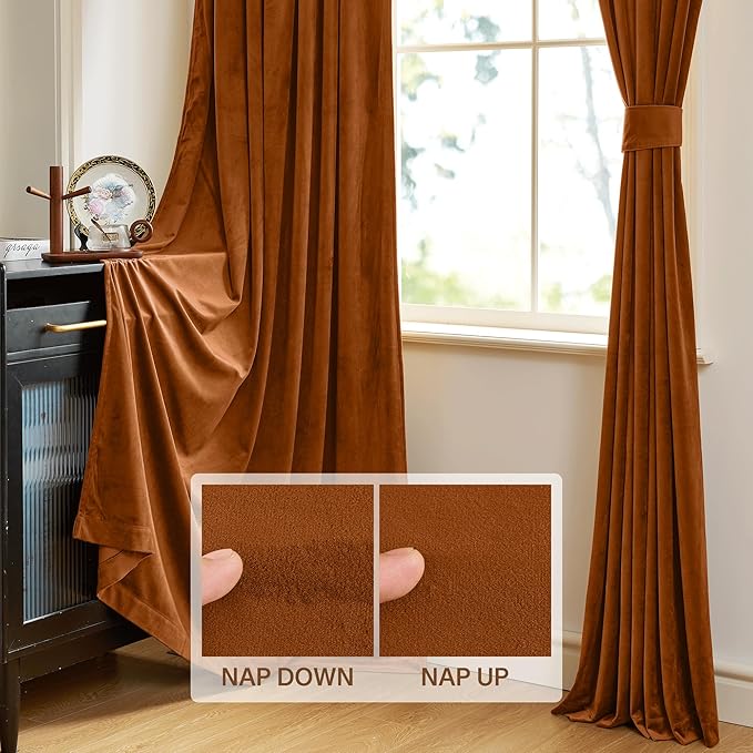 StangH Fall Curtains Burnt Orange Velvet Curtains Luxury Terracotta Thermal Insulated Room Darkening Bedroom Window Drapes for Living Room, Holiday Home Decor for Backdrops, W52 x L84, 2 Panels