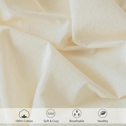 MooMee Fitted Bottom Sheet Only 100% Washed Cotton Linen Like Textured Breathable Durable Soft Comfy Deep Pocket Fits Mattress up to 17" (Cream White, California King)