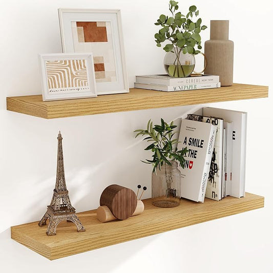 Fun Memories 40 Inch Floating Shelves for Wall, 9.3 Inch Deep Shelves for Books & Decor, Wall-Mounted Floating Shelf 40 Inch Long Set of 2, Rustic Wooden Shelf for Living Room, Bedroom, Kitchen, Oak