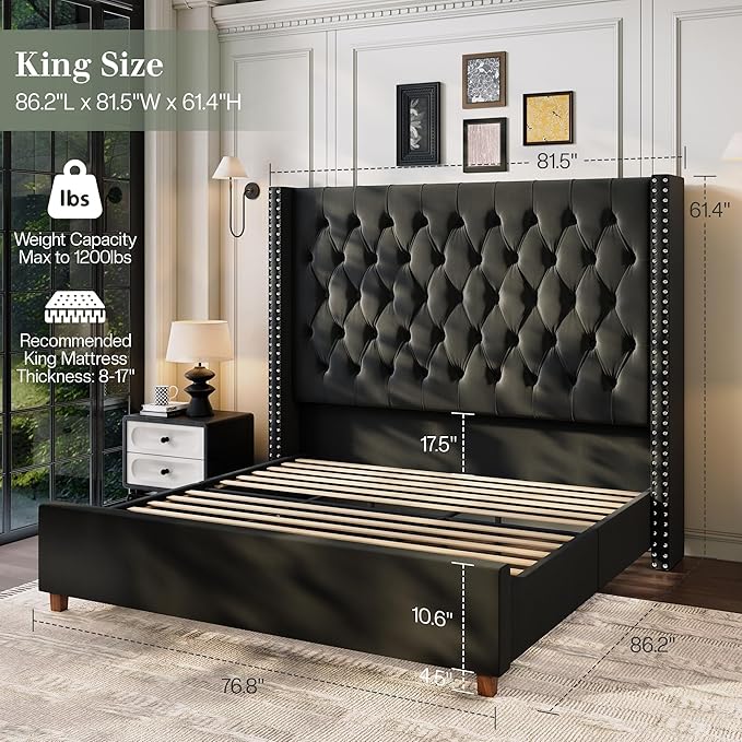 Jocisland King Size Bed Frame with 61.4" Tall Headboard, Velvet Upholstered Wingback Platform Design, Handcrafted Pleats& Deep Button Tufted, Solid Wood Legs, No Box Spring Needed, Black