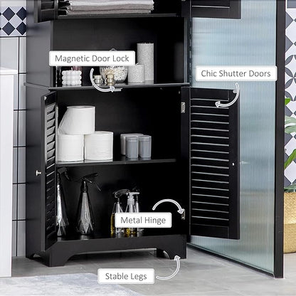 HOMCOM Tall Narrow Bathroom Storage Cabinet with Doors and Shelf Adjustability, Freestanding Linen Cabinet with 2 Cabinets and Countertop, Black