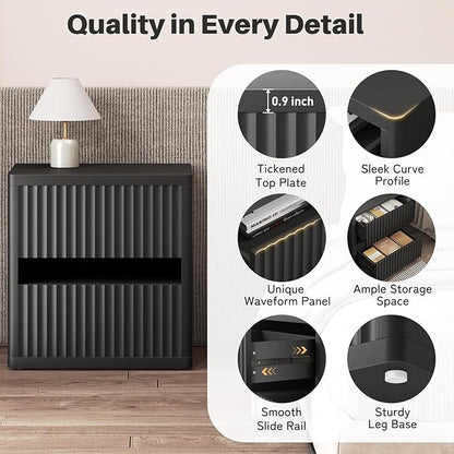 Dripex Fluted Nightstand with 2 Drawers, Large Wide Wood Night Stand Bedside Tables for Bedroom, Mid-Century Modern Storage Bed Side Table, End Tables for Living Room Sofa Couch, Black, Set of 1