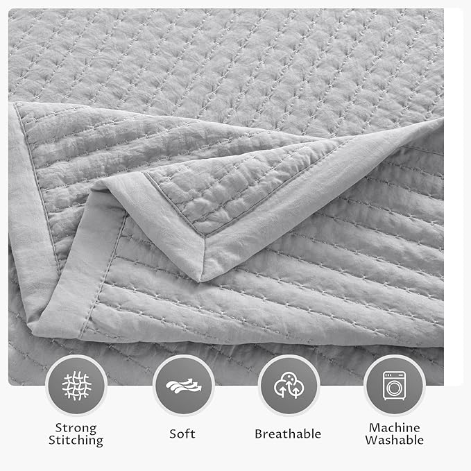 KASENTEX Queen Quilt Set 90"x90" – Soft Washed 3-Layer Lightweight Bedspread, Minimalist Nordic Design, All-Season Spring & Summer Quilt Set (1 Quilt + 2 Pillow Shams), Gull