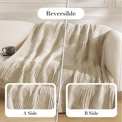 Amélie Home Checkered Knit Throw Blanket for Couch, Chenille Texture Decorative Soft Blanket for Sofa & Chair, 50"x60", Khaki & White