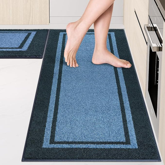 Kitchen Rugs Set (24" x 36"+24" x 60"), Non-Slip Machine Washable Kitchen Runner Rugs Floor Mats, Absorbent Comfort Standing Mats for Kitchen, Laundry and Hallway, Rolled Packaging, Light Blue & Navy