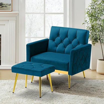 Velvet Accent Chair w/Adjustable Armrests and Backrests, Tufted Single Sofa with Ottoman, Upholstered Reading Chiar for Living Room, Apartment, Bedroom, Teal