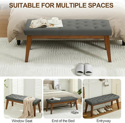 43.5'' Faux Leather Bedroom Bench, Upholstered End of Bed Bench with Tufted Button, Padded Vintage Dining Bench, Entryway Bench with Solid Wood Legs, Kitchen, Living Room, Hallway, Dark Grey Tufted